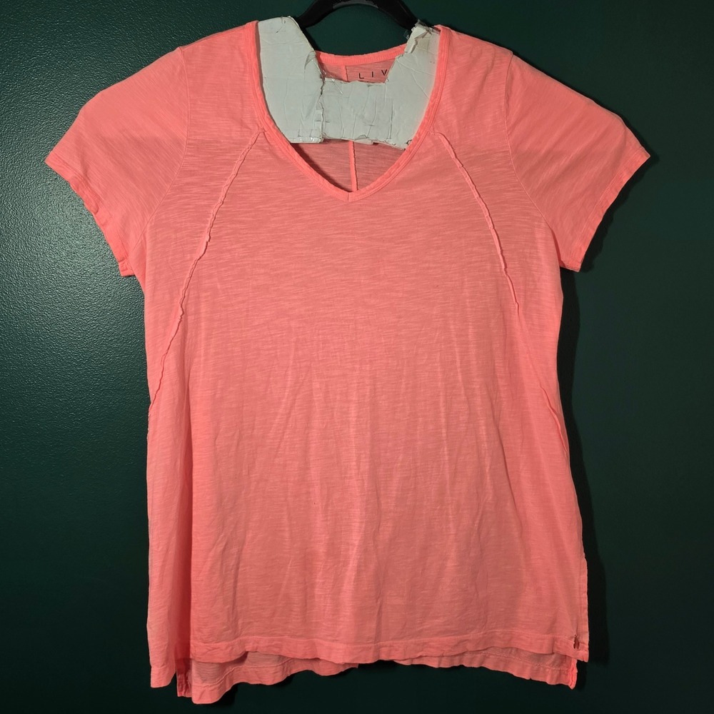 LIVI Womens Coral Pink Slub Knit V-Neck T-Shirt Size 14/16 Exposed Seams Top